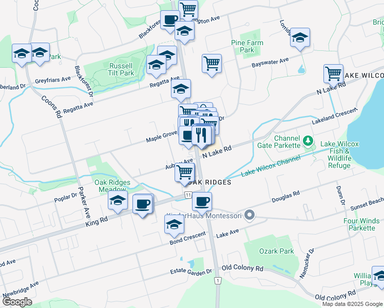 map of restaurants, bars, coffee shops, grocery stores, and more near 13094 Yonge Street in Richmond Hill