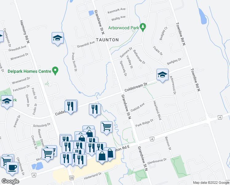 map of restaurants, bars, coffee shops, grocery stores, and more near 1370 Coldstream Drive in Oshawa
