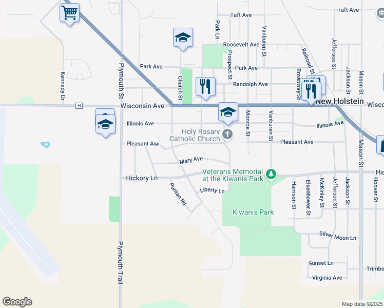 map of restaurants, bars, coffee shops, grocery stores, and more near 2206 Mary Ave in New Holstein