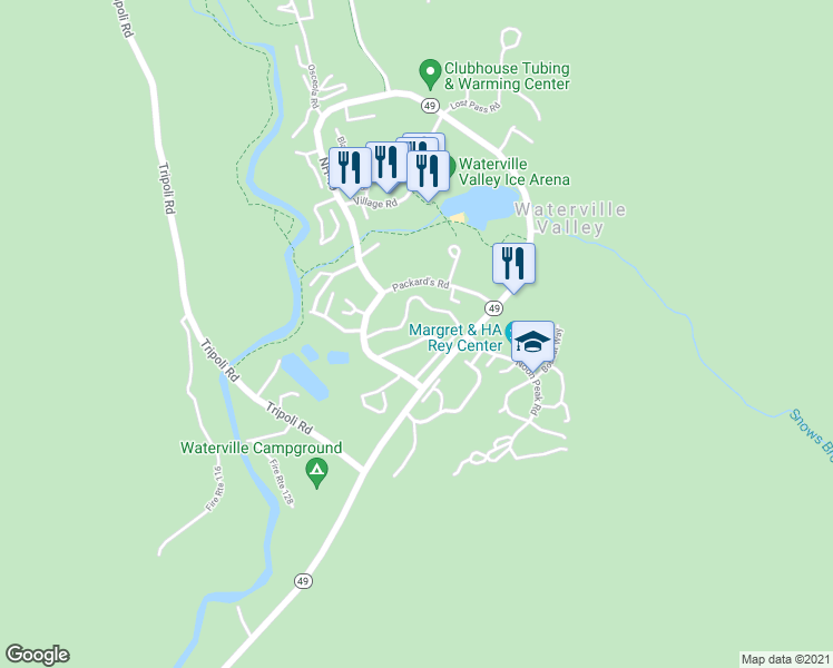 map of restaurants, bars, coffee shops, grocery stores, and more near 18 Davos Way in Waterville Valley