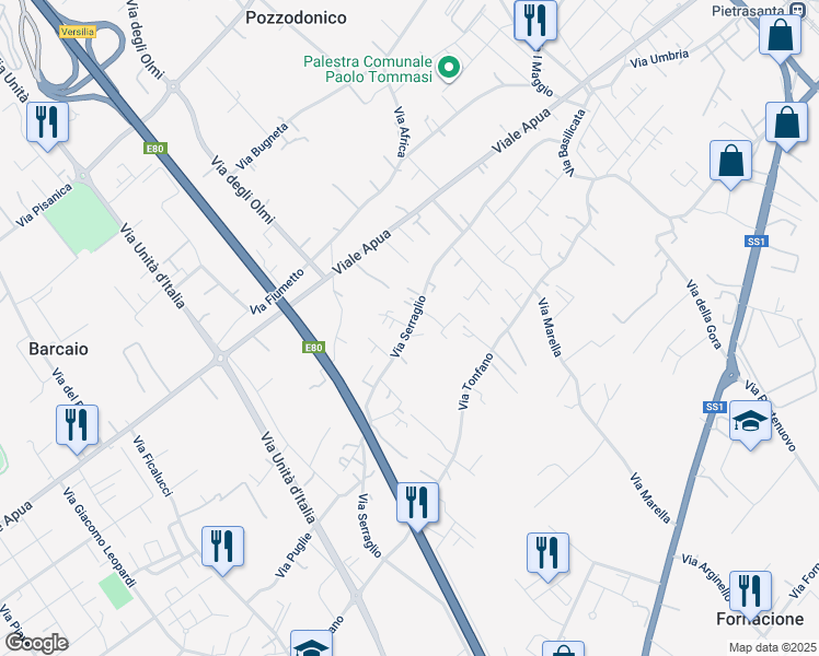 map of restaurants, bars, coffee shops, grocery stores, and more near 125A Via Serraglio in Pietrasanta