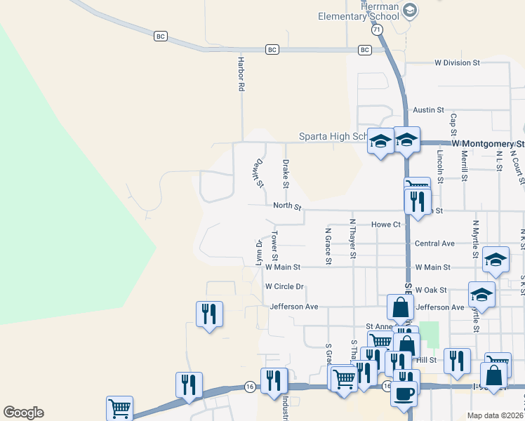 map of restaurants, bars, coffee shops, grocery stores, and more near 1401 North Street in Sparta