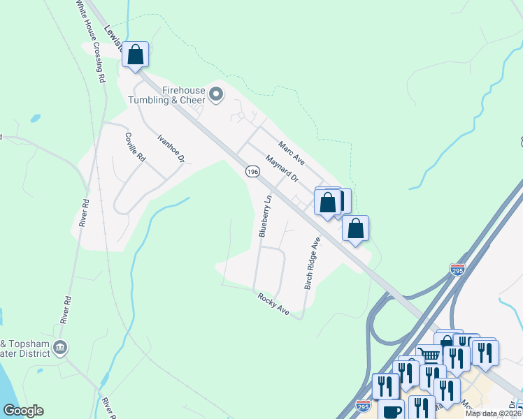map of restaurants, bars, coffee shops, grocery stores, and more near 3 Blueberry Lane in Topsham