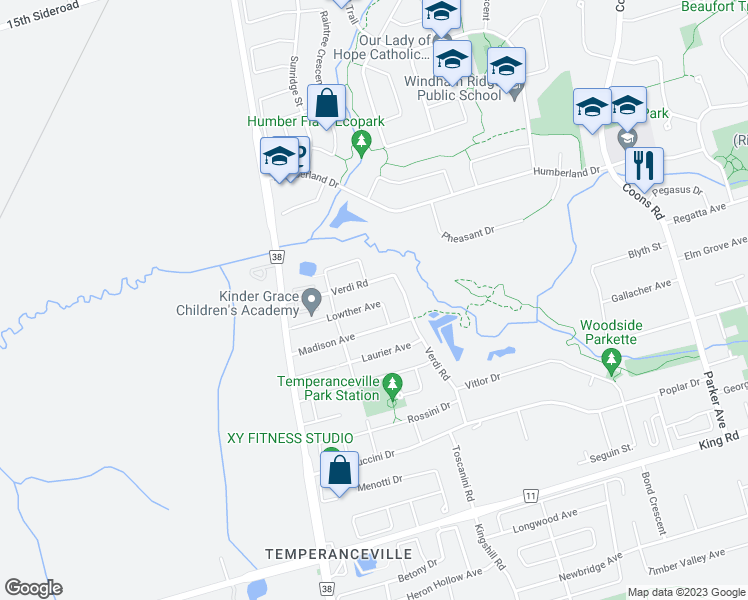 map of restaurants, bars, coffee shops, grocery stores, and more near 96 Lowther Avenue in Richmond Hill