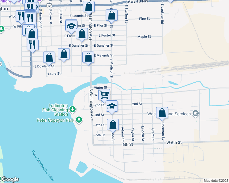 map of restaurants, bars, coffee shops, grocery stores, and more near 301 1st Street in Ludington