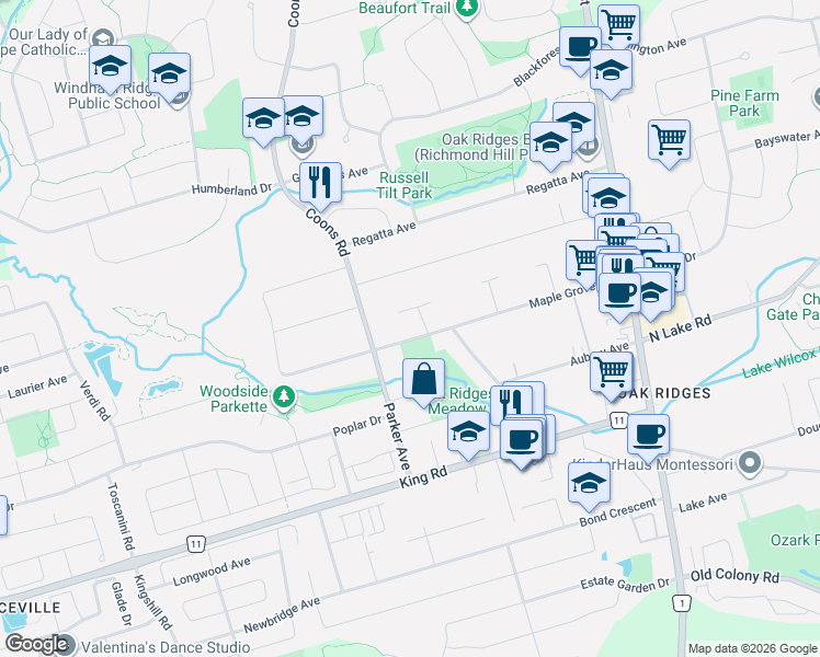 map of restaurants, bars, coffee shops, grocery stores, and more near 58 Maple Grove Avenue in Richmond Hill