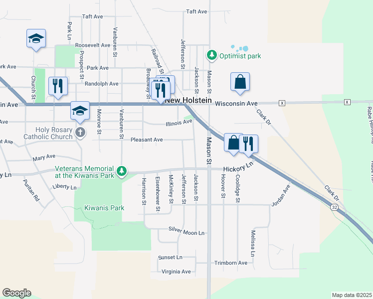 map of restaurants, bars, coffee shops, grocery stores, and more near 1808 Jefferson St in New Holstein