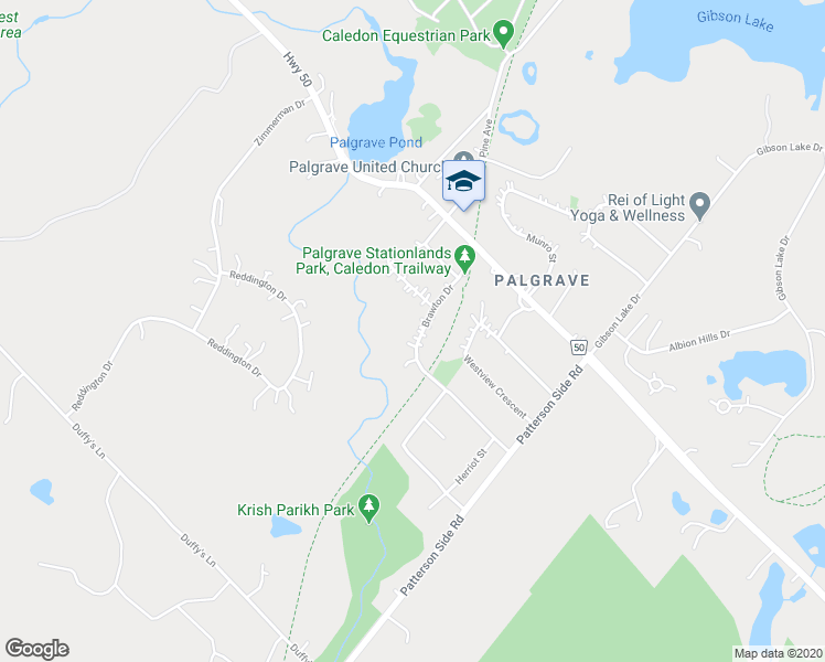 map of restaurants, bars, coffee shops, grocery stores, and more near 32 Brawton Drive in Palgrave
