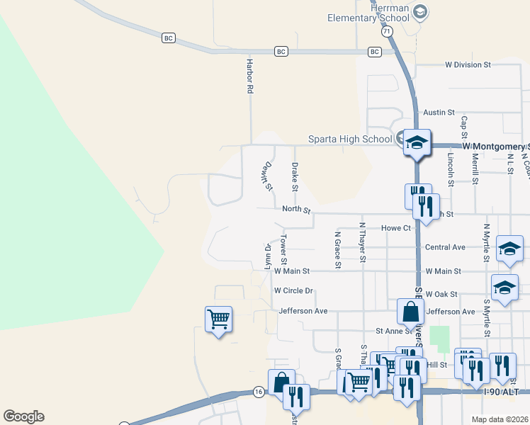 map of restaurants, bars, coffee shops, grocery stores, and more near 1401 North Street in Sparta