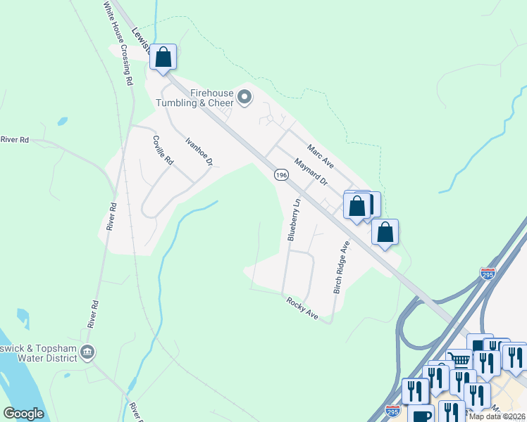 map of restaurants, bars, coffee shops, grocery stores, and more near 304 Lewiston Road in Topsham