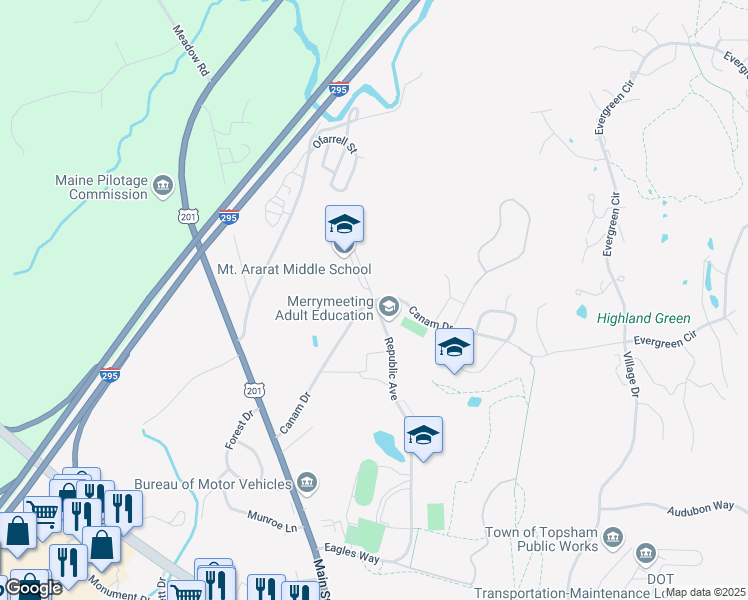 map of restaurants, bars, coffee shops, grocery stores, and more near 66 Republic Avenue in Topsham