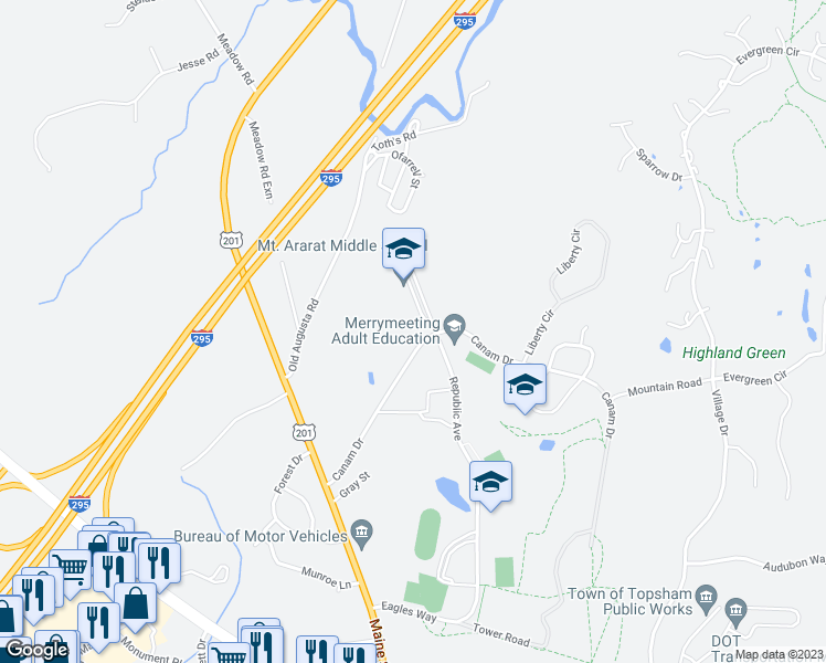 map of restaurants, bars, coffee shops, grocery stores, and more near 50 Republic Avenue in Topsham