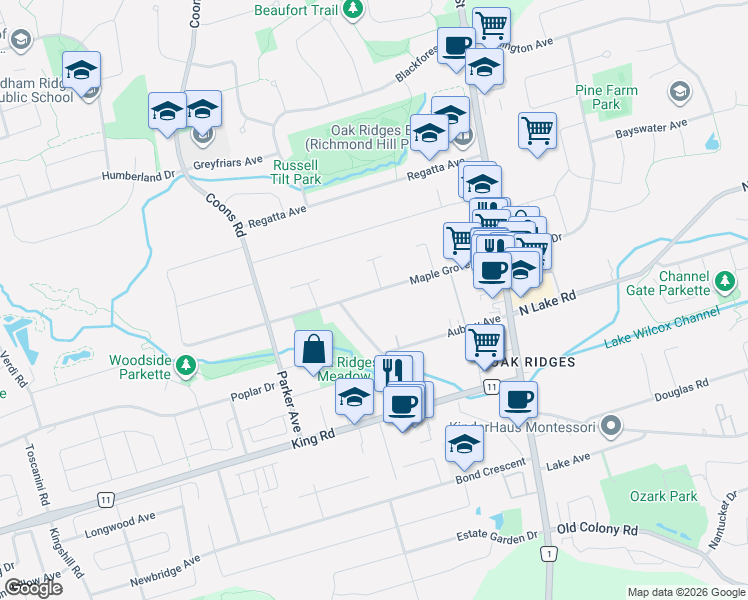 map of restaurants, bars, coffee shops, grocery stores, and more near in Richmond Hill