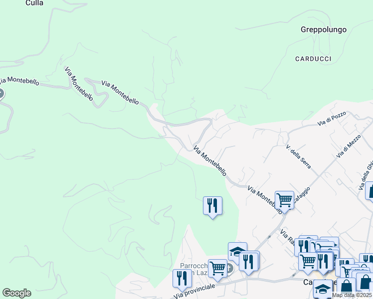 map of restaurants, bars, coffee shops, grocery stores, and more near 154 Via Montebello in Provincia di Lucca