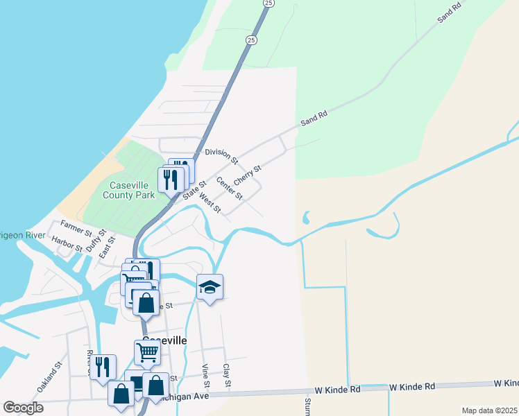 map of restaurants, bars, coffee shops, grocery stores, and more near 6276 Maple Street in Caseville