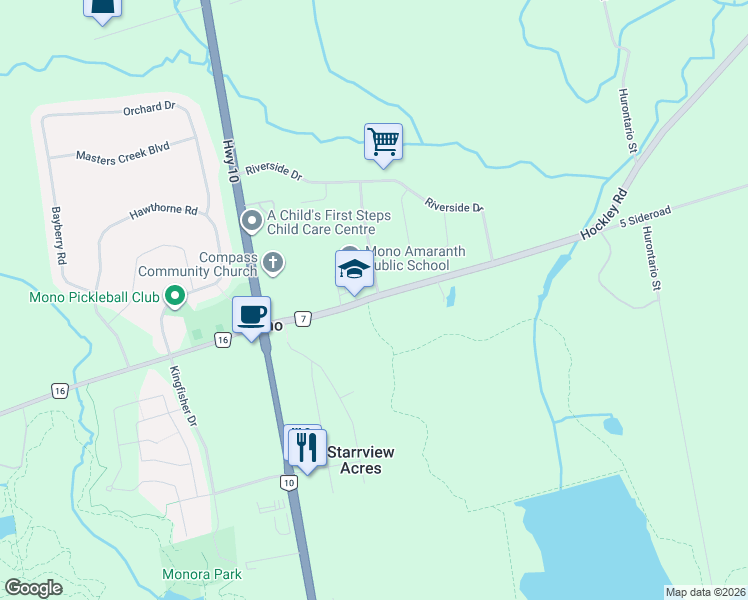 map of restaurants, bars, coffee shops, grocery stores, and more near 10 Hockley Road in Orangeville