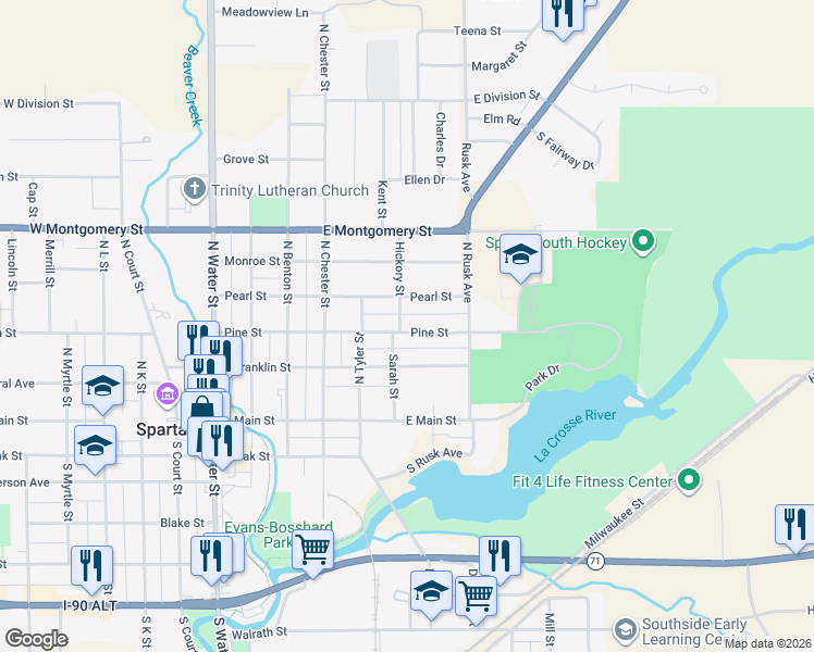 map of restaurants, bars, coffee shops, grocery stores, and more near 614 Pine Street in Sparta