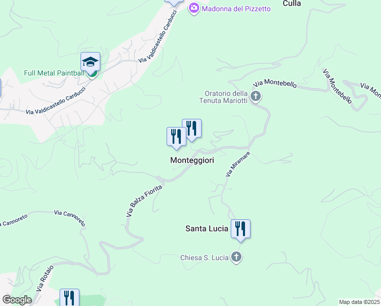 map of restaurants, bars, coffee shops, grocery stores, and more near 11 Via del Castello in Monteggiori