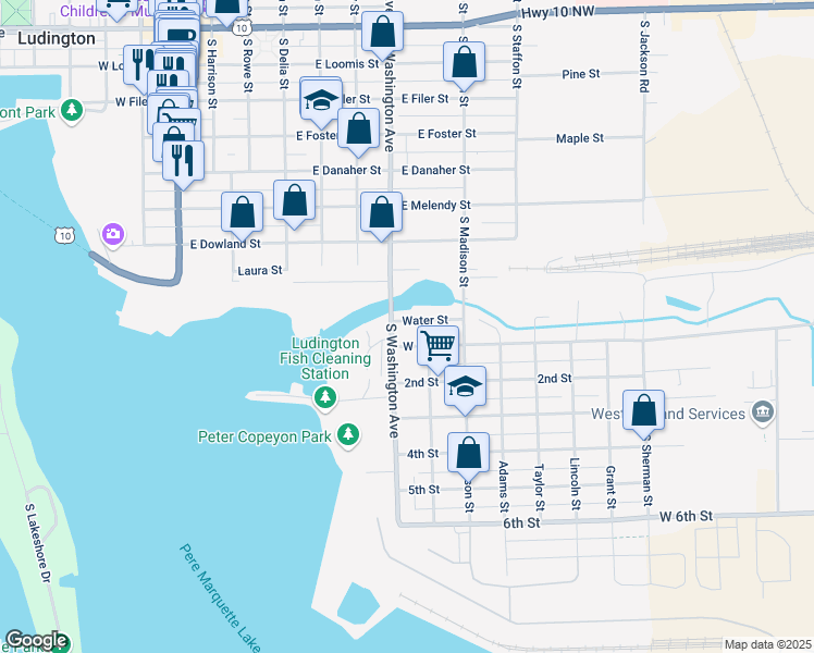 map of restaurants, bars, coffee shops, grocery stores, and more near 104 Water Street in Ludington