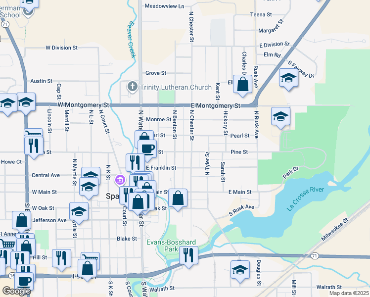 map of restaurants, bars, coffee shops, grocery stores, and more near 312 Pine Street in Sparta