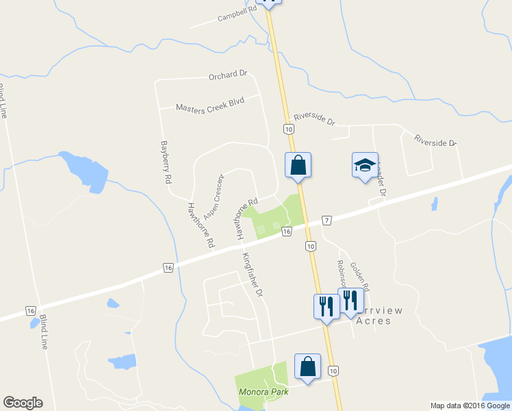 map of restaurants, bars, coffee shops, grocery stores, and more near 12 Hawthorne Road in Orangeville