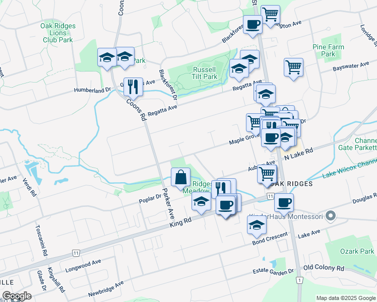 map of restaurants, bars, coffee shops, grocery stores, and more near 52 Maple Grove Avenue in Richmond Hill