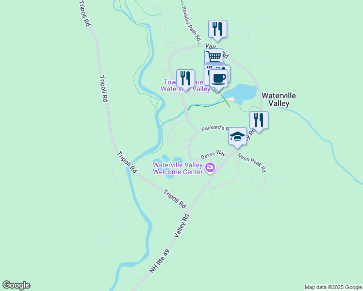 map of restaurants, bars, coffee shops, grocery stores, and more near 19 Mountain Brook Lane in Waterville Valley