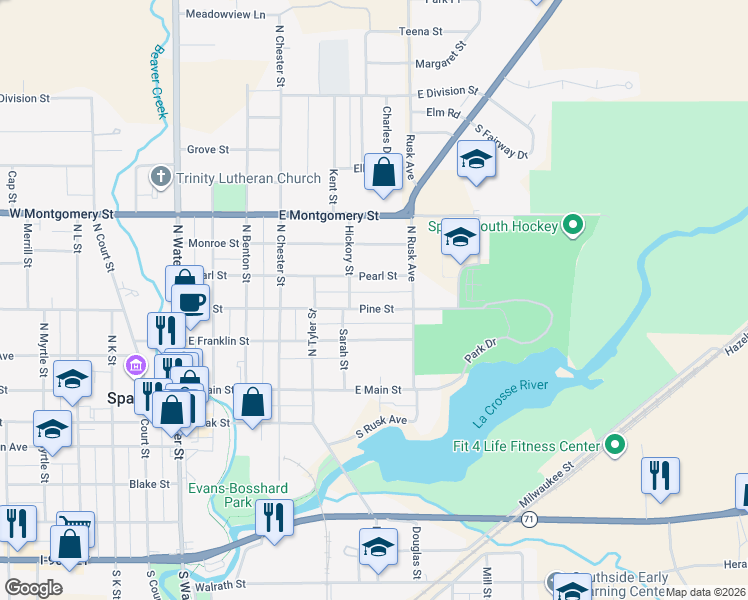 map of restaurants, bars, coffee shops, grocery stores, and more near 614 Pine Street in Sparta