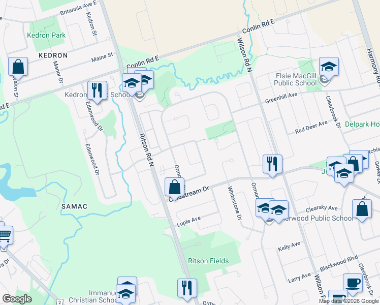map of restaurants, bars, coffee shops, grocery stores, and more near 1717 Radcliffe Drive in Oshawa