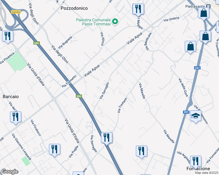 map of restaurants, bars, coffee shops, grocery stores, and more near 125A Via Serraglio in Pietrasanta