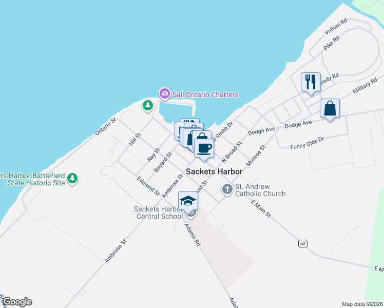 map of restaurants, bars, coffee shops, grocery stores, and more near 199 Ambrose Street in Sackets Harbor