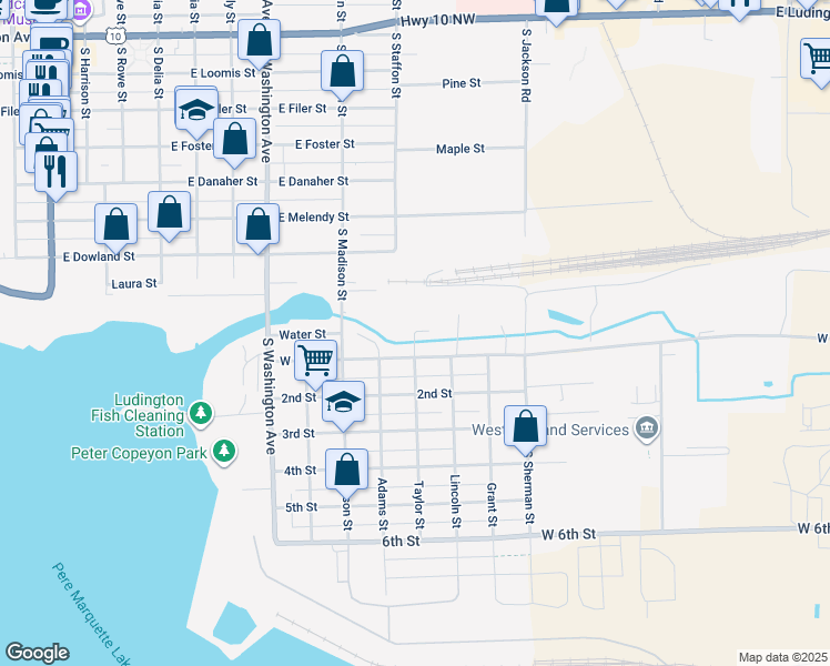 map of restaurants, bars, coffee shops, grocery stores, and more near 301 1st Street in Ludington