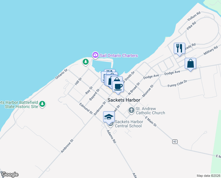 map of restaurants, bars, coffee shops, grocery stores, and more near 209 West Main Street in Sackets Harbor