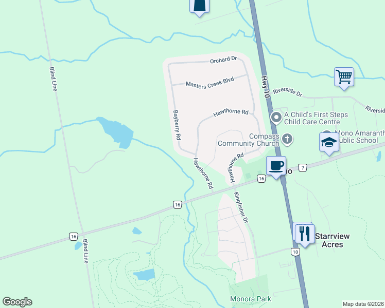 map of restaurants, bars, coffee shops, grocery stores, and more near 66 Hawthorne Road in Orangeville