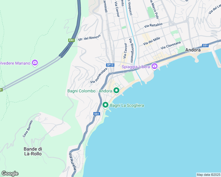 map of restaurants, bars, coffee shops, grocery stores, and more near 17 Via Caprera in Marina di Andora