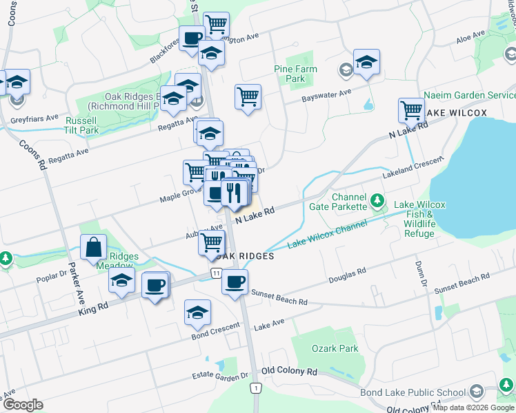 map of restaurants, bars, coffee shops, grocery stores, and more near 56 North Lake Road in Richmond Hill
