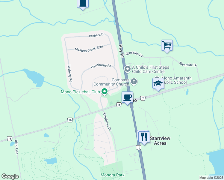 map of restaurants, bars, coffee shops, grocery stores, and more near 12 Hawthorne Road in Orangeville
