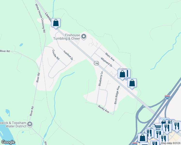 map of restaurants, bars, coffee shops, grocery stores, and more near 3 Blueberry Lane in Topsham