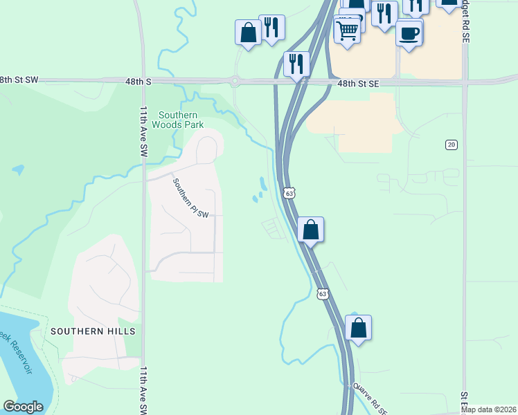 map of restaurants, bars, coffee shops, grocery stores, and more near 5147 Commercial Drive Southwest in Rochester