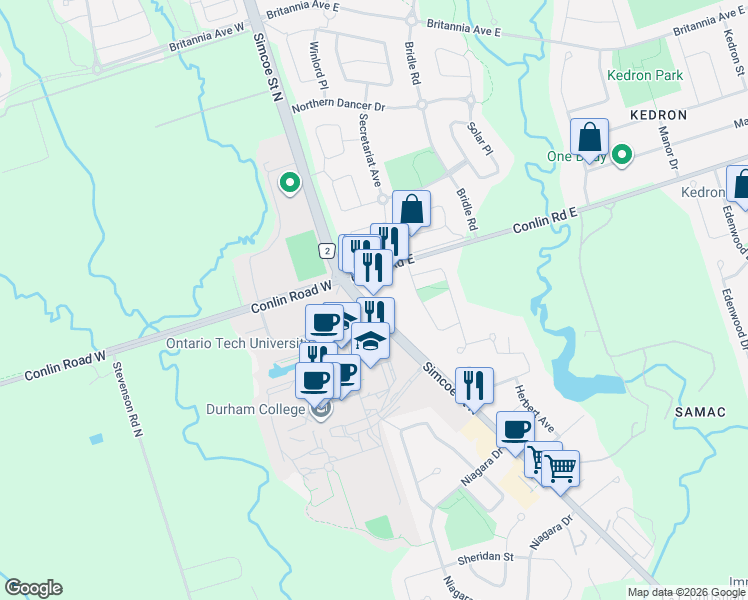 map of restaurants, bars, coffee shops, grocery stores, and more near 2061 Simcoe Street North in Oshawa