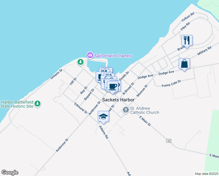 map of restaurants, bars, coffee shops, grocery stores, and more near 119 West Main Street in Sackets Harbor