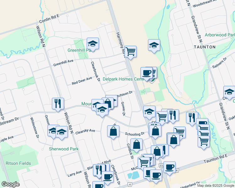 map of restaurants, bars, coffee shops, grocery stores, and more near 836 Fetchison Drive in Oshawa