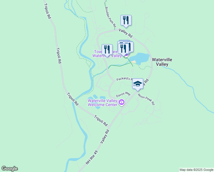 map of restaurants, bars, coffee shops, grocery stores, and more near 19 Mountain Brook Lane in Waterville Valley