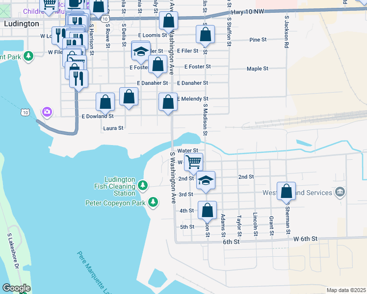 map of restaurants, bars, coffee shops, grocery stores, and more near 104 Water Street in Ludington