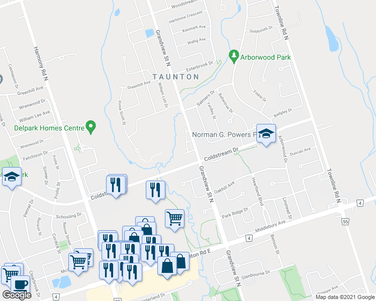 map of restaurants, bars, coffee shops, grocery stores, and more near 1640 Grandview Street North in Oshawa