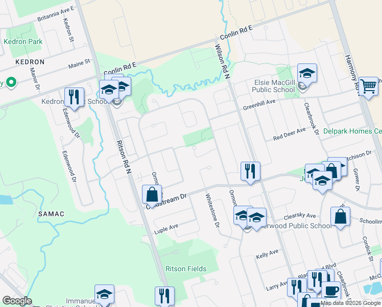 map of restaurants, bars, coffee shops, grocery stores, and more near 522 Askew Court in Oshawa