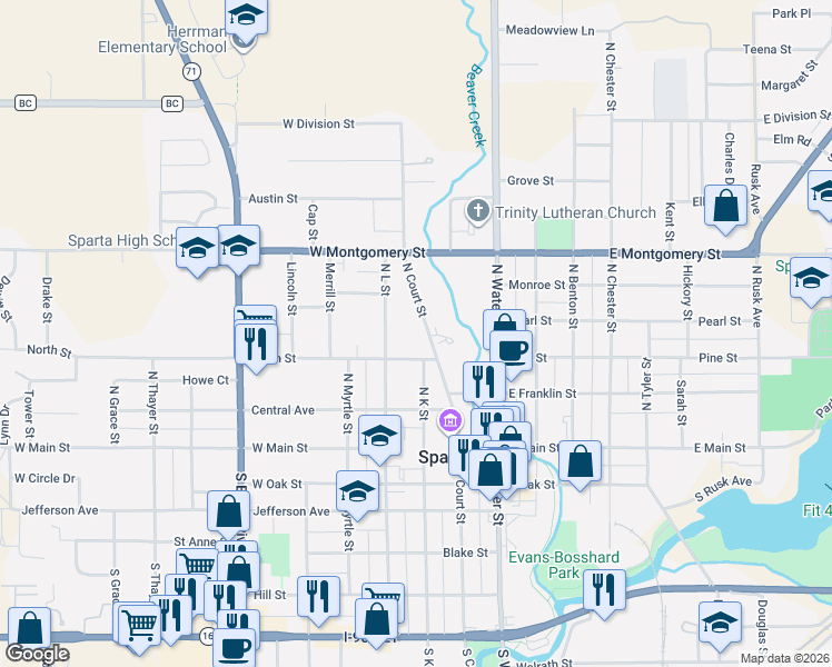 map of restaurants, bars, coffee shops, grocery stores, and more near 310 North Street in Sparta