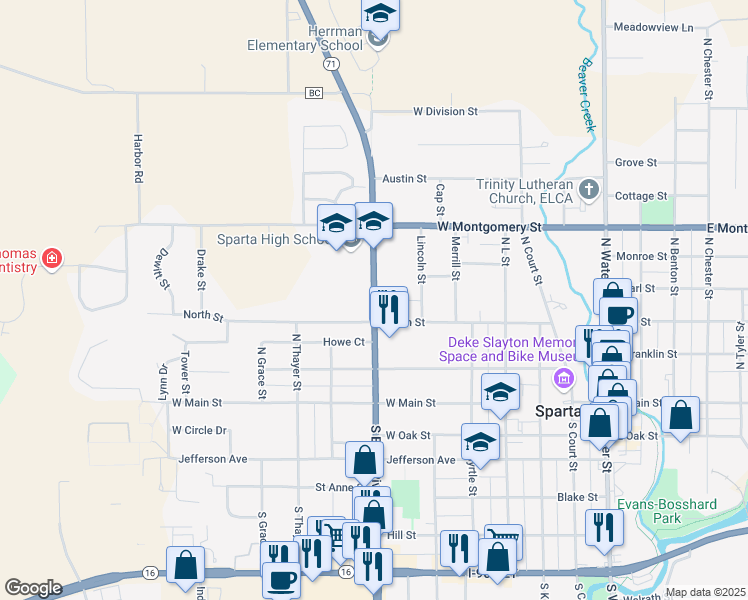 map of restaurants, bars, coffee shops, grocery stores, and more near 429 North Black River Street in Sparta