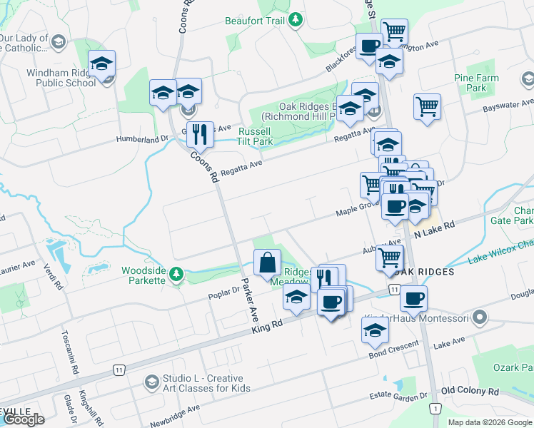 map of restaurants, bars, coffee shops, grocery stores, and more near 86 Carmela Avenue in Richmond Hill