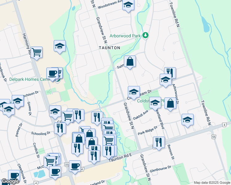 map of restaurants, bars, coffee shops, grocery stores, and more near 1370 Coldstream Drive in Oshawa